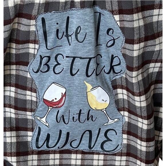 Life is Better with Wine Plaid Flannel Shirt MEDIUM Oversized Upcycle Unique - Picture 2 of 6